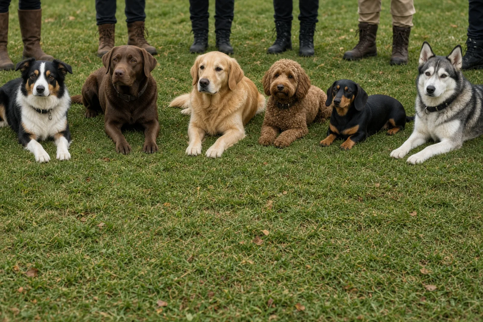 Dogs resting calmly during group classes