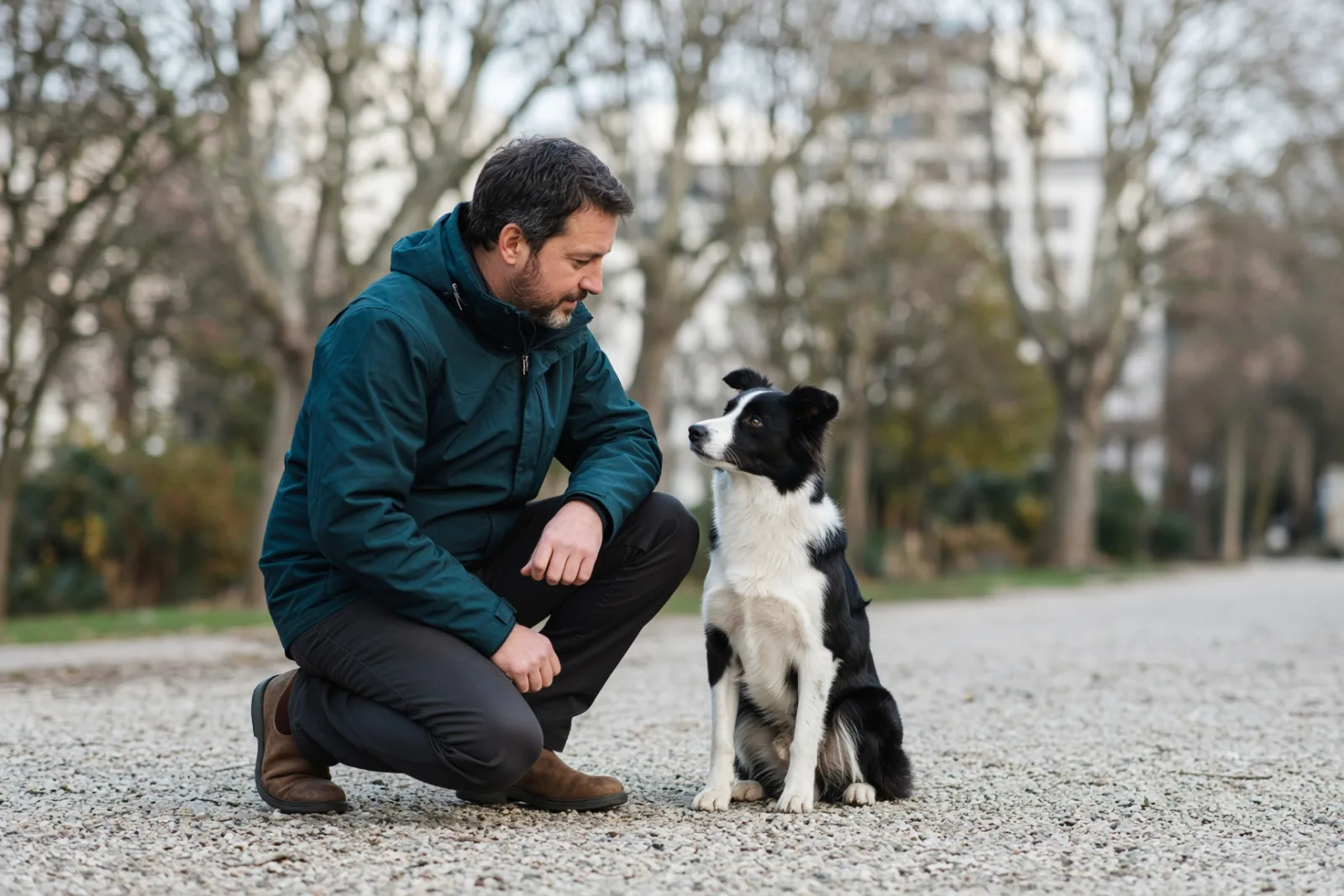Trainer with a dog in a city park